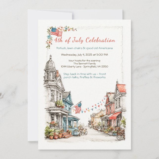 Elegante Invitación de Acuarela del 4 de Julio Vin (Anverso)