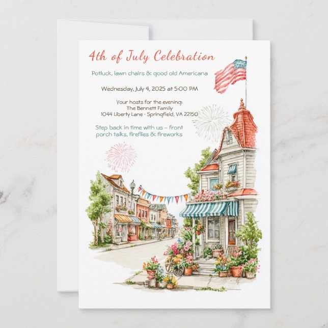 Elegante Invitación de Acuarela del 4 de Julio Vin (Anverso)