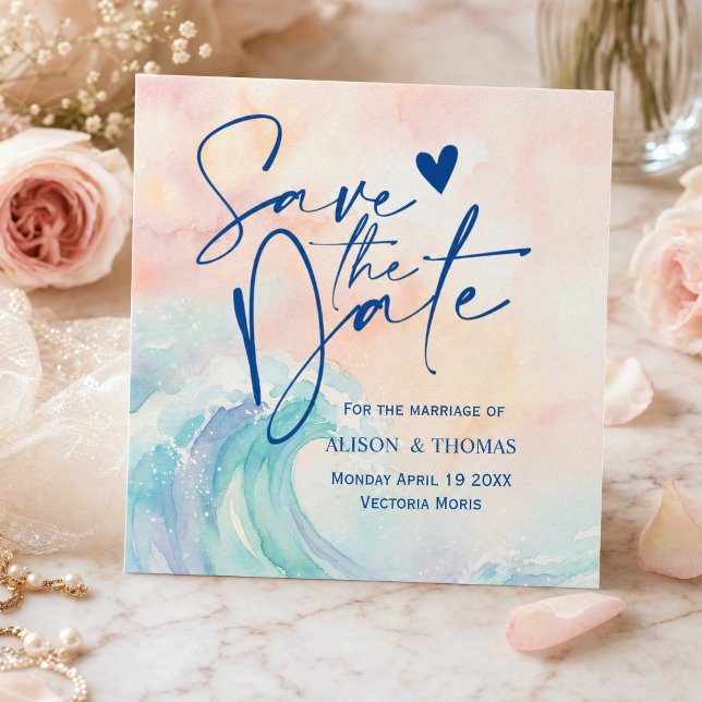 Elegante Invitación de Acuarela Pastel | Suave Rub (#savethedate #beachsavethedate #blushpinkbluewaves #watercolorwaves #wavesweddingcard #weddingcards)