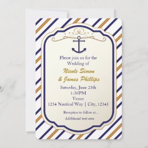 Elegante invitación de ancla náutica azul blanca y
