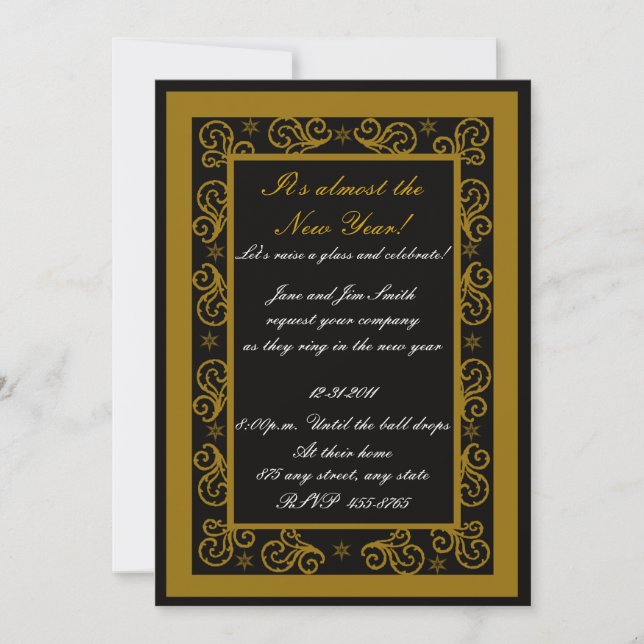 Elegante Invitación de Año Nuevo de Swirl Gold y B (Anverso)