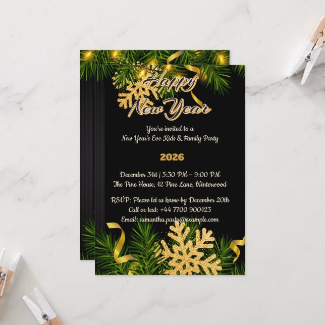 Elegante Invitación de Año Nuevo en Negro y Dorado (Anverso/Reverso In Situ)