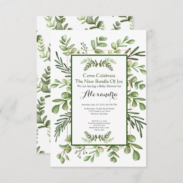 Elegante invitación de Baby Shower a Eucalyptus Gr (Anverso / Reverso)