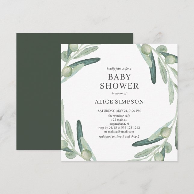 Elegante Invitación de Baby Shower a Olive Olive (Anverso / Reverso)