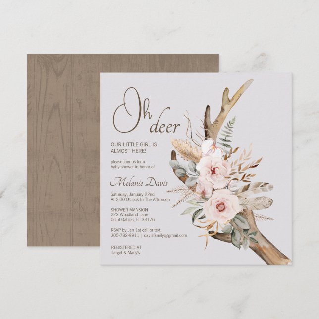 Elegante Invitación de Baby Shower Boho Woodland - (Anverso / Reverso)