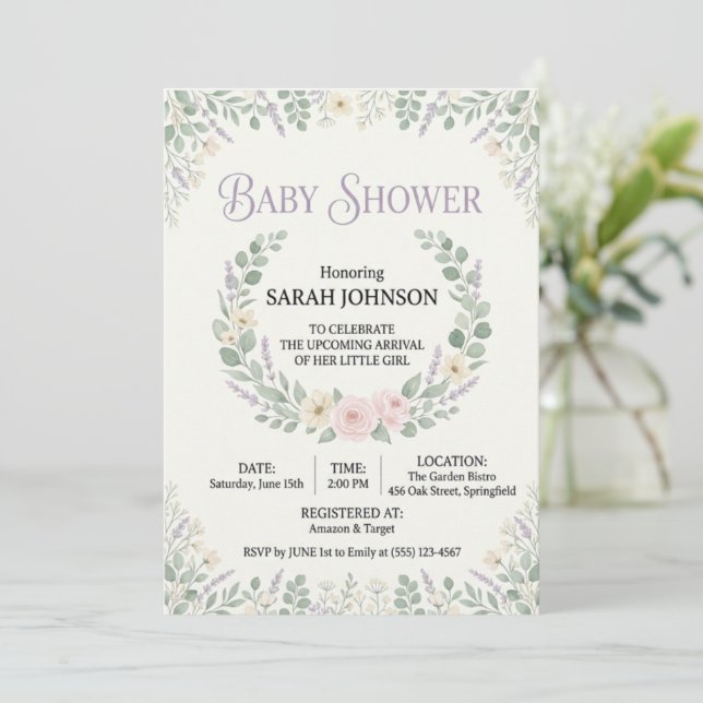 Elegante Invitación de Baby Shower Botánico | Suav (Anverso de pie)
