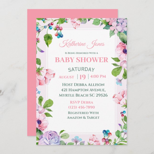 Elegante invitación de Baby Shower color rosa mora (Anverso / Reverso)