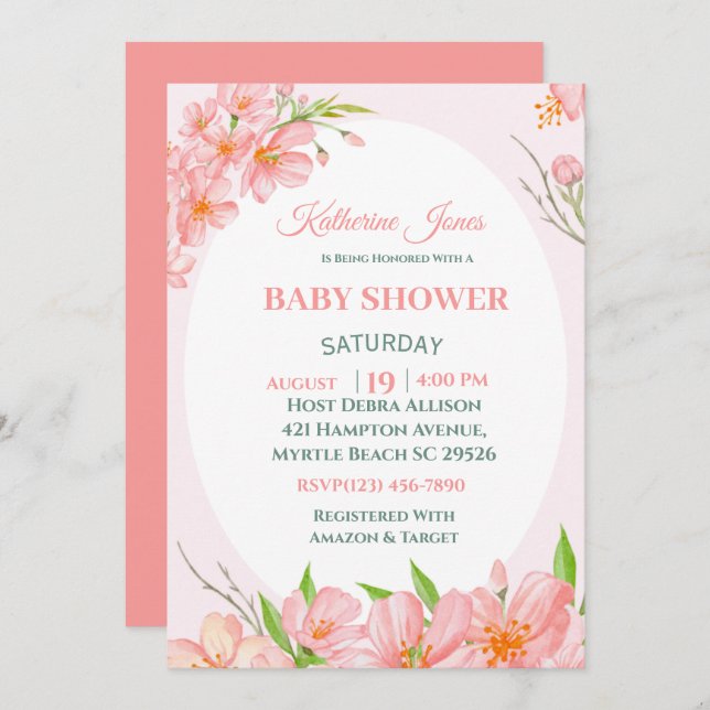 Elegante invitación de Baby Shower con flores de c (Anverso / Reverso)