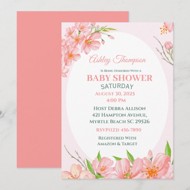 Elegante invitación de Baby Shower con flores de c (Anverso / Reverso)