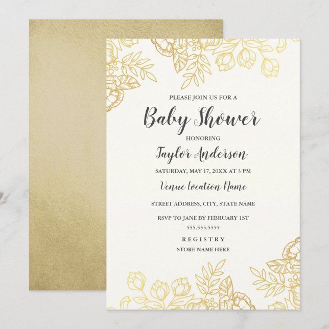 Elegante Invitación de Baby Shower con flores de l (Anverso / Reverso)