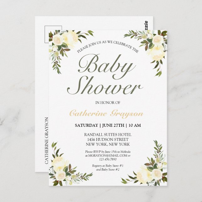 Elegante invitación de Baby Shower con flores de m (Anverso / Reverso)