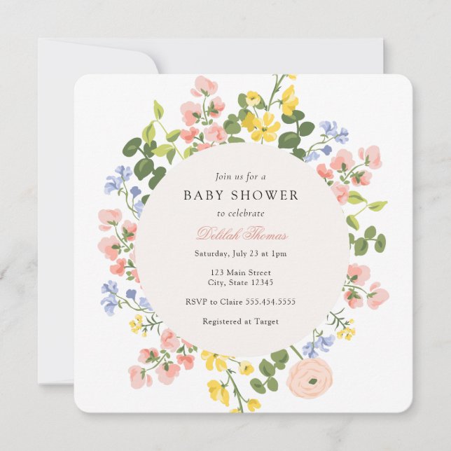Elegante Invitación de Baby Shower con flores past (Anverso)