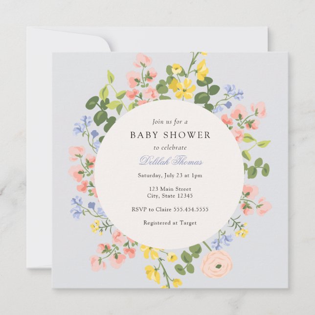 Elegante Invitación de Baby Shower con flores past (Anverso)