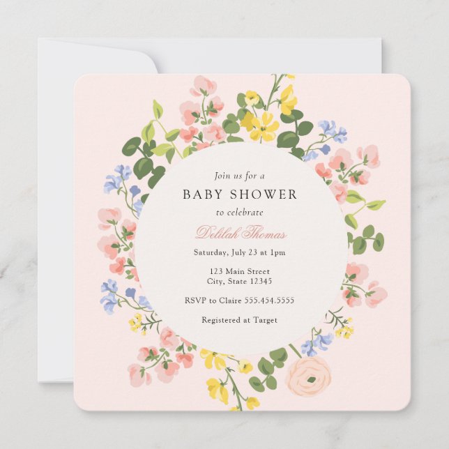 Elegante Invitación de Baby Shower con flores past (Anverso)