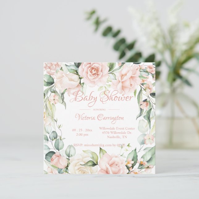 Elegante invitación de Baby Shower con flores rosa (Anverso de pie)