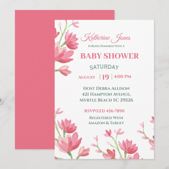 Elegante invitación de Baby Shower con flores rosa (Anverso / Reverso)