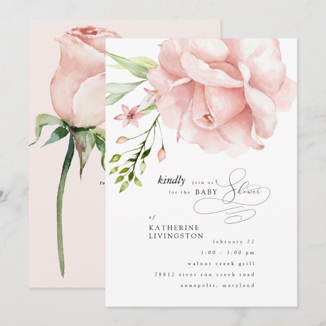 Elegante invitación de Baby Shower con flores rosa (Anverso / Reverso)