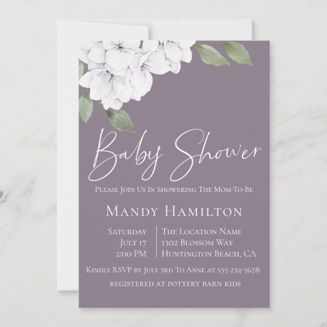 Elegante invitación de Baby Shower con flores viol (Anverso)