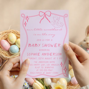 Elegante Invitación de Baby Shower con Lazo Rosa V