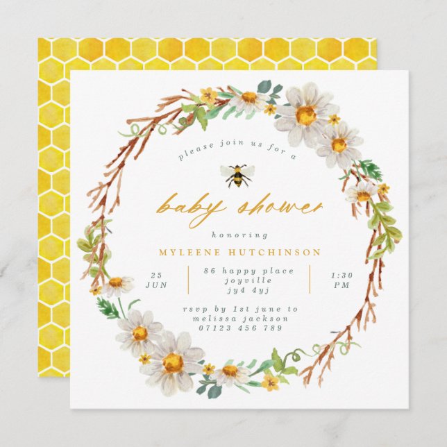Elegante invitación de Baby Shower de Abejas y Dai (Anverso / Reverso)