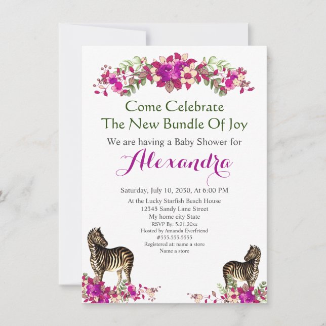 Elegante invitación de Baby Shower de flores rosad (Anverso)