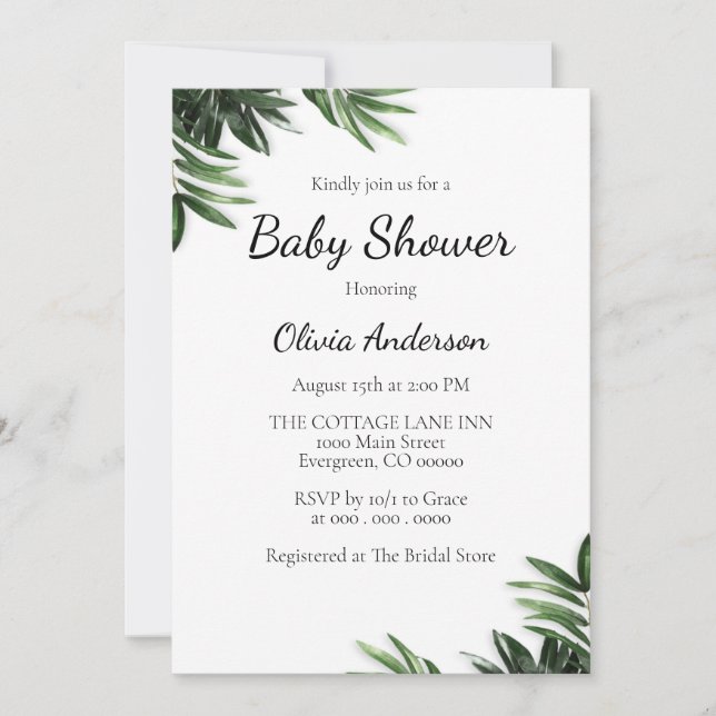 Elegante invitación de Baby Shower de hoja (Anverso)