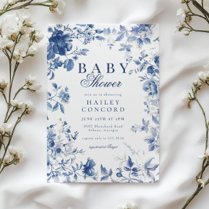 Elegante Invitación de Baby Shower en Azul Toile C