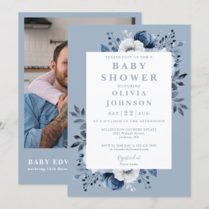 Elegante Invitación de Baby Shower Floral Azul Pol