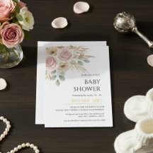 Elegante invitación de baby shower floral rosa y n