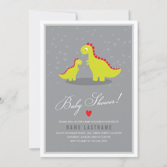 Elegante Invitación de Baby Shower gris dinosaurio (Anverso)
