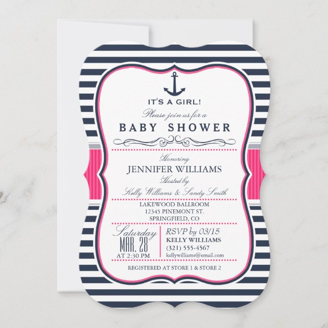Elegante invitación de Baby Shower náutico; marina (Anverso)