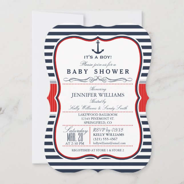 Elegante invitación de Baby Shower náutico; marina (Anverso)