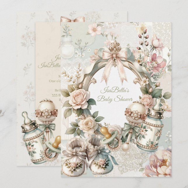 Elegante Invitación de Baby Shower para la Primera (Anverso / Reverso)