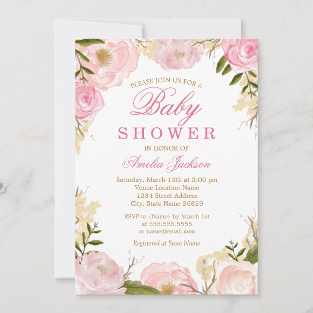 Elegante invitación de Baby Shower rosa rosa (Anverso)