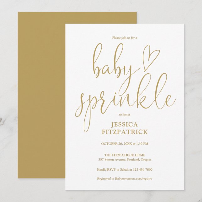 Elegante Invitación de Baby Sprinkle con Corazón d (Anverso / Reverso)
