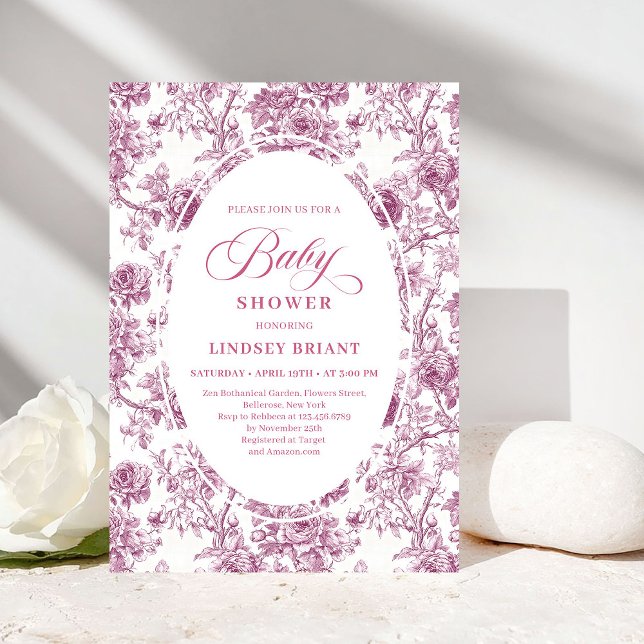 Elegante Invitación de Baño de Bebé con Rosas Toil (Elegant Dusty Pink Toile Roses Baby Shower Invitation)