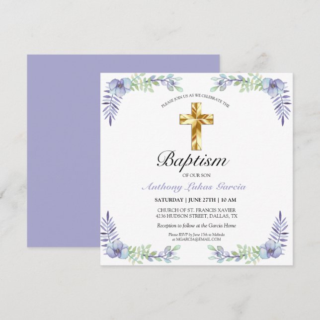 Elegante Invitación de Baptismo de Chico de Lavand (Anverso / Reverso)