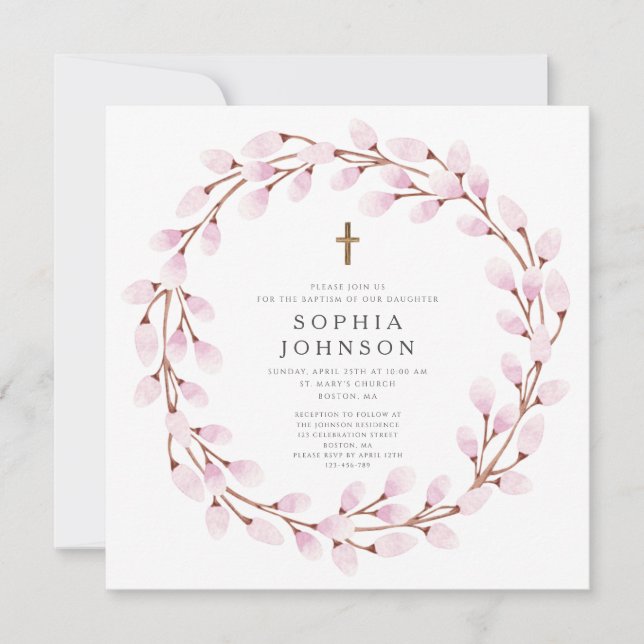 Elegante invitación de bautismo cruzado rosa (Anverso)