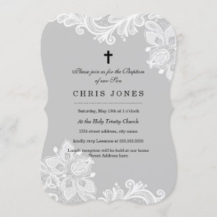 Elegante invitación de bautismo de encaje gris bla