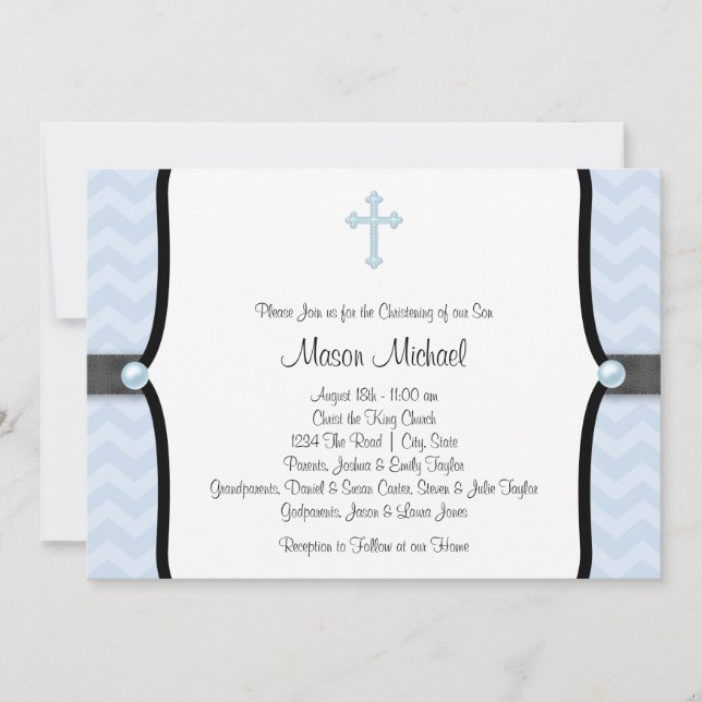 Elegante Invitación de Bautizo Chevron Azul (Anverso)