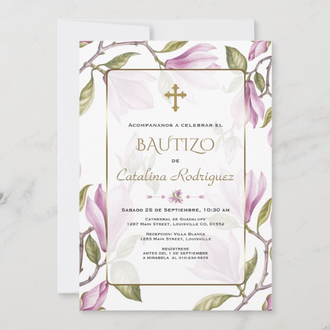 Elegante Invitación De Bautizo Con Flores Bautismo (Anverso)