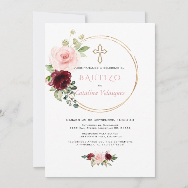 Elegante Invitación De Bautizo Con Flores Español (Anverso)