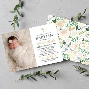 Elegante Invitación de Bautizo con Foto en Verde M