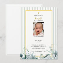 Elegante Invitación de Bautizo con Foto en Verde S