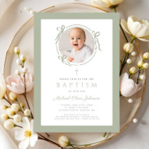 Elegante Invitación de Bautizo con Foto y Lazo Ver