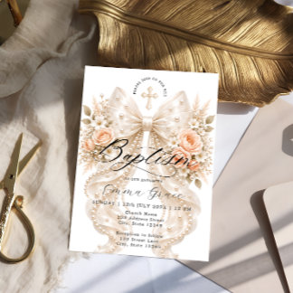 Elegante Invitación de Bautizo con Lazo Floral y P