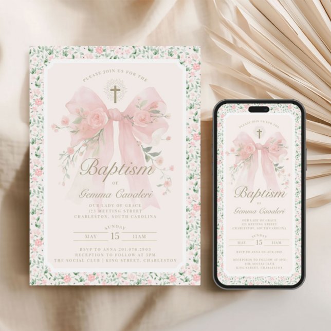 Elegante Invitación de Bautizo con Lazo Rosa Flora (Subido por el creador)