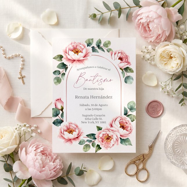 Elegante Invitación de Bautizo con Peonía Rosa (Subido por el creador)