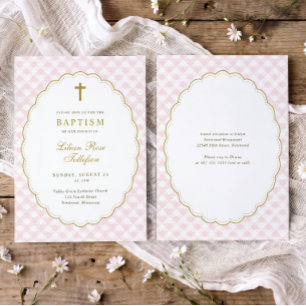 Elegante Invitación de Bautizo de Cuadro de Rosa y