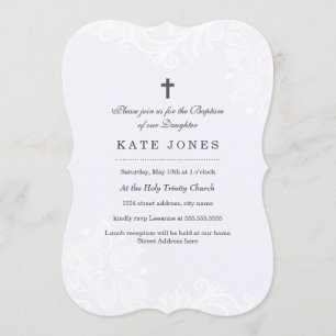 Elegante Invitación de Bautizo de Encaje Blanco Mo